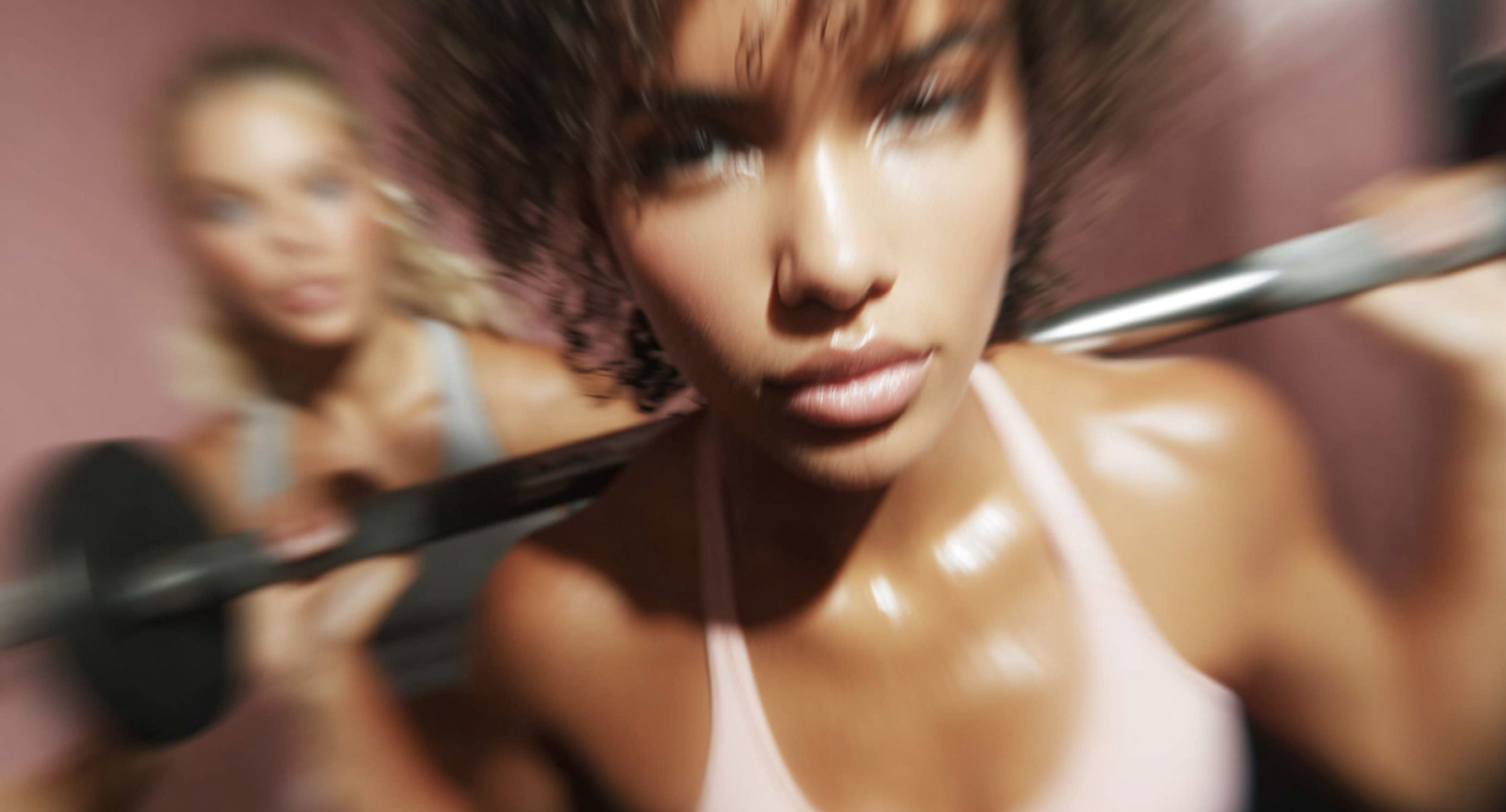 Close-up of a woman lifting a barbell with another woman behind her. Both appear focused and sweaty, with the image blurred around the edges, suggesting movement.