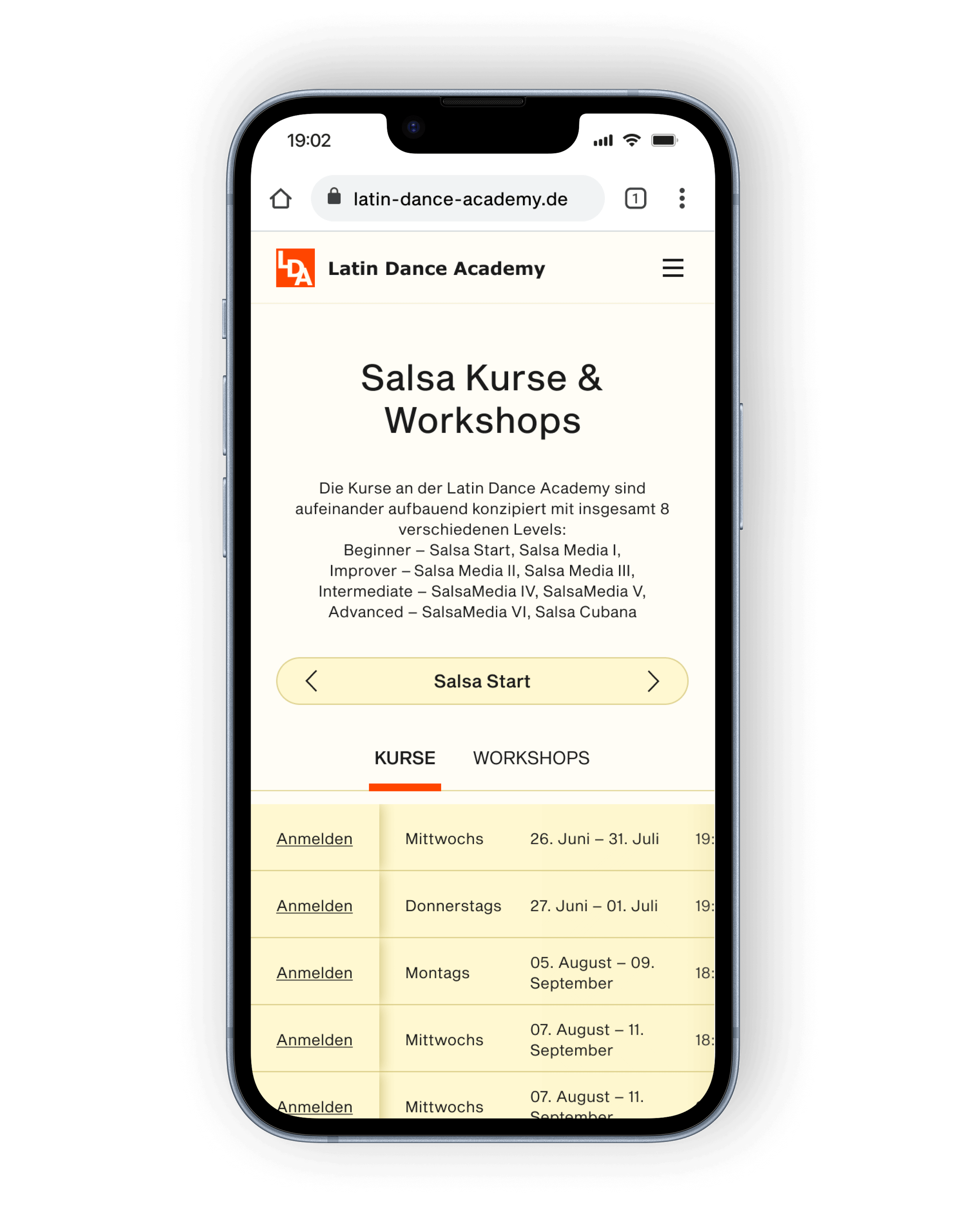 Mobile screen displaying the Latin Dance Academy website. It features salsa courses and workshops with various levels, dates, and registration buttons.