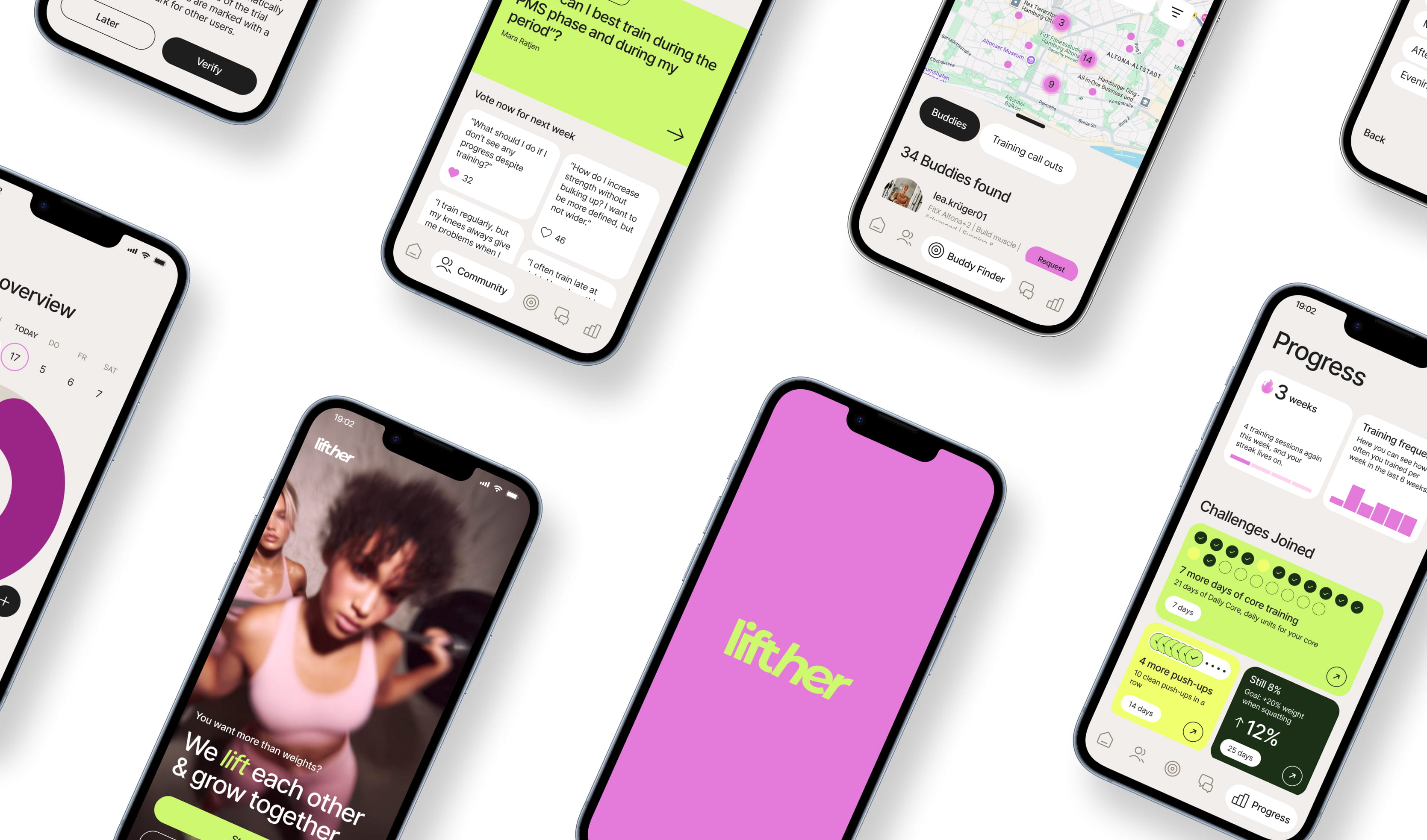 Several smartphones with various screens of a women's fitness app called "lifther," featuring graphs, maps, workout stats, and motivational content on a white background.