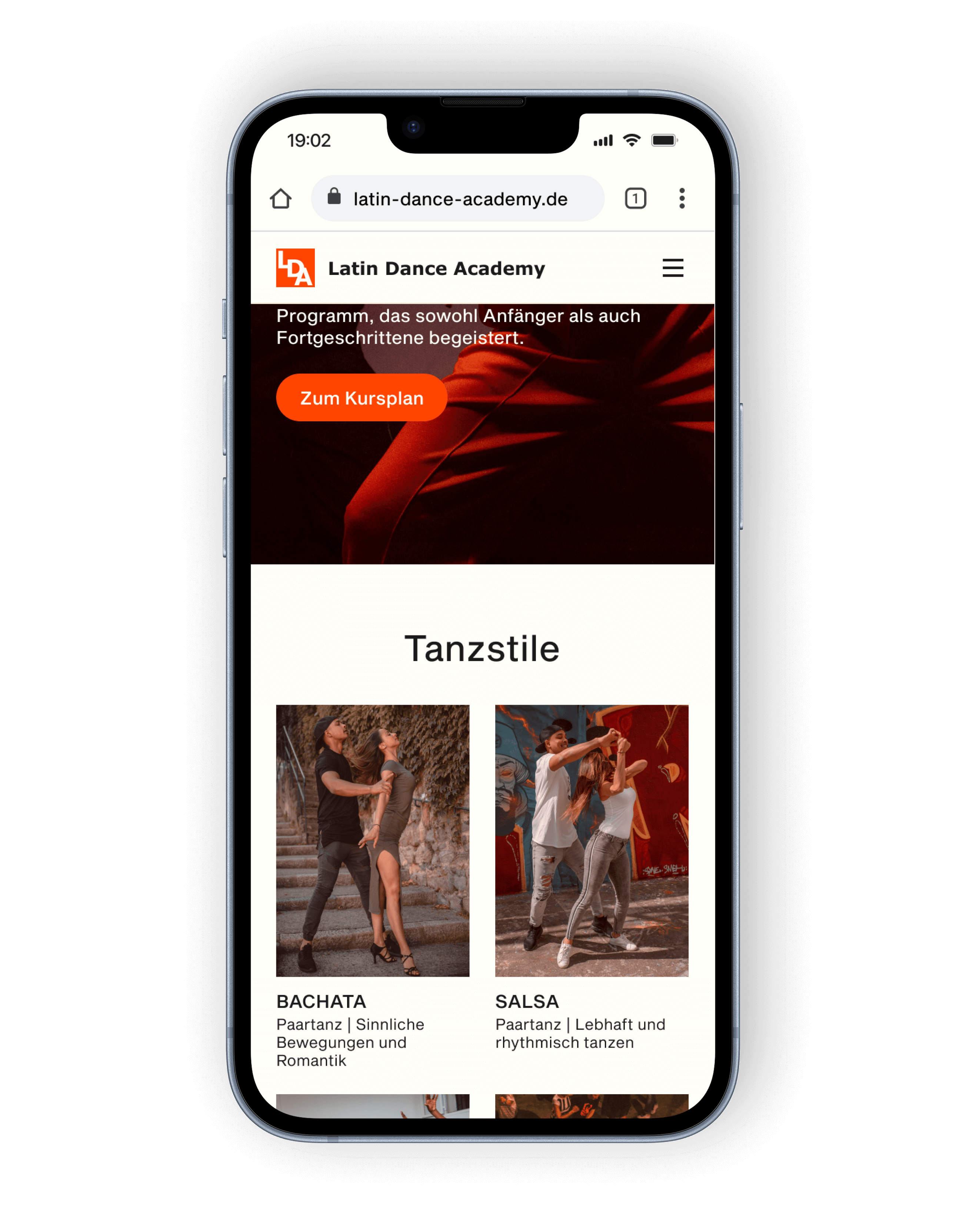 Smartphone screen showing a Latin Dance Academy webpage. It features a header image and a list of different dance styles.