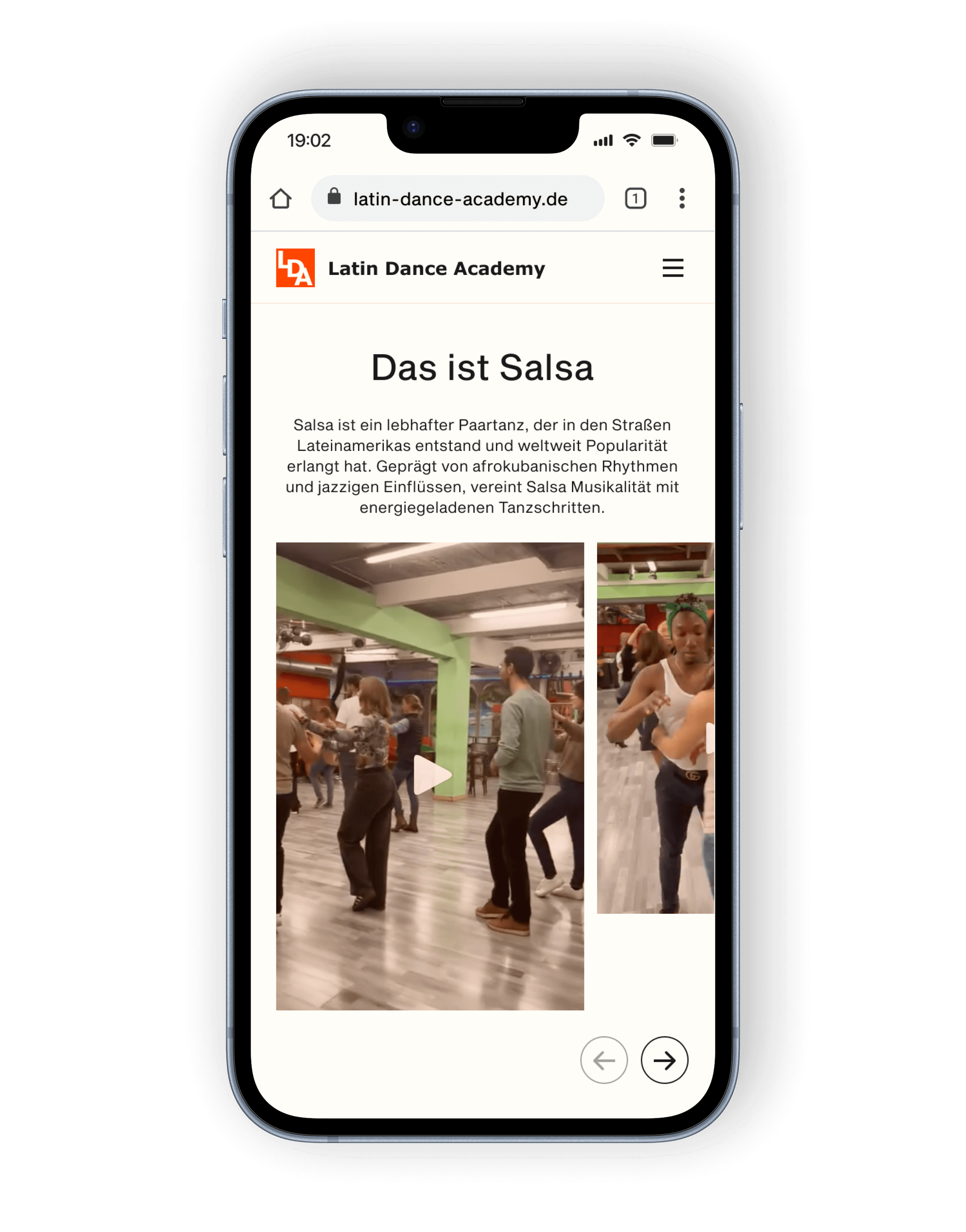 A mobile screen displays a website from the Latin Dance Academy. The text "Das ist Salsa" is visible above a salsa class image showing people dancing in a studio.