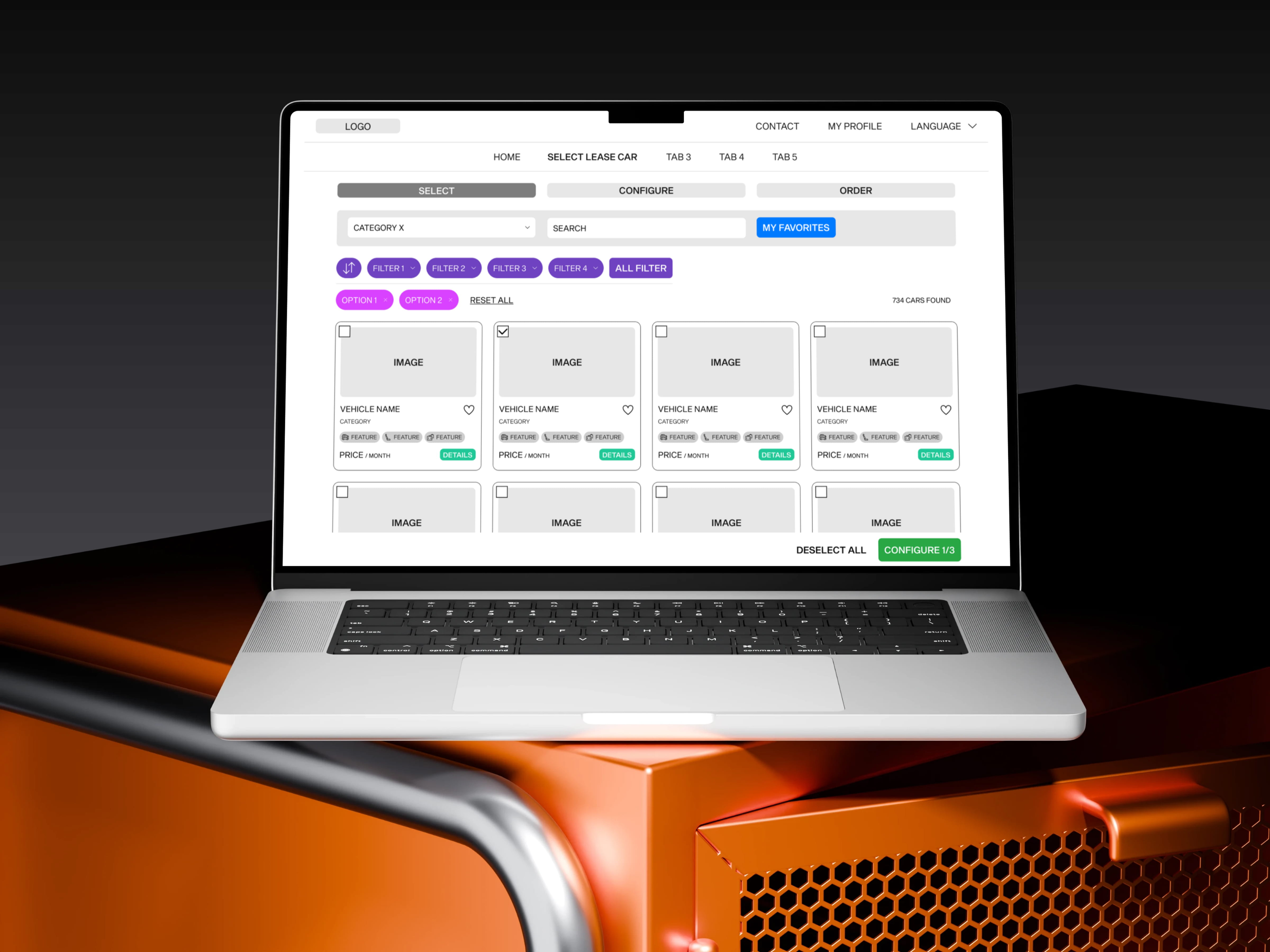 A laptop displays a leasing car selection wireframe, featuring filters, vehicle details, and pricing options on a sleek background.