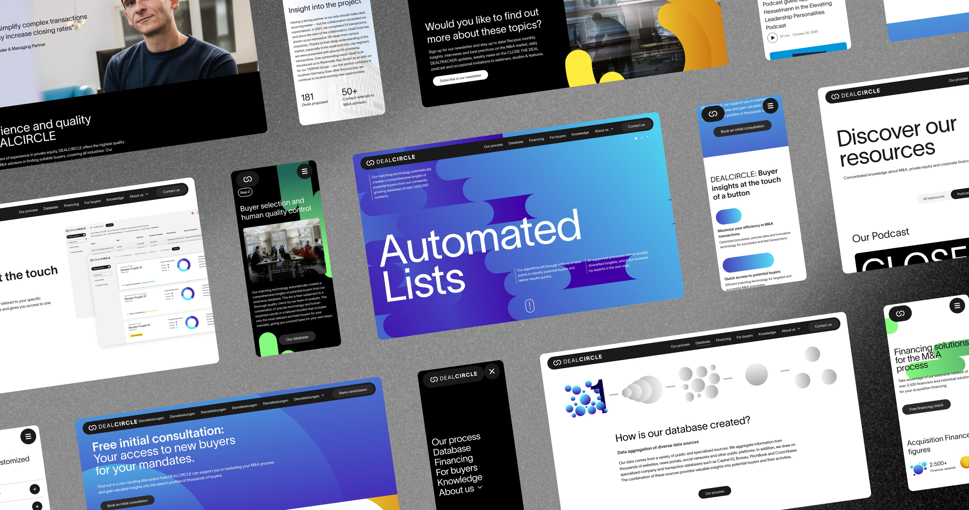 Collage of DealCircle's website pages showcasing services like automated lists, buyer insights, and financing solutions for M&A processes.